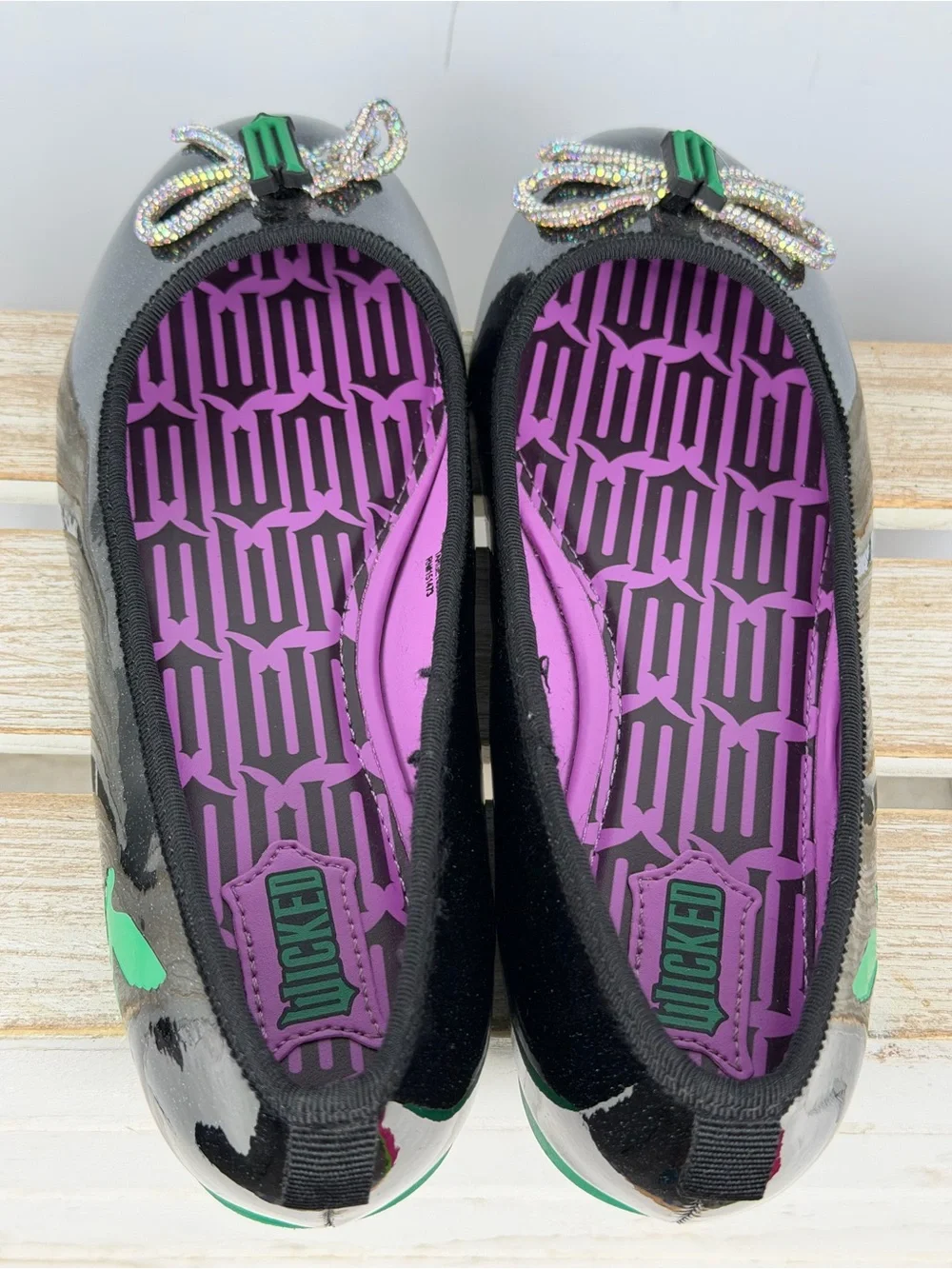 Wicked black glitter ballet flats green flying monkey graphics Size 3
